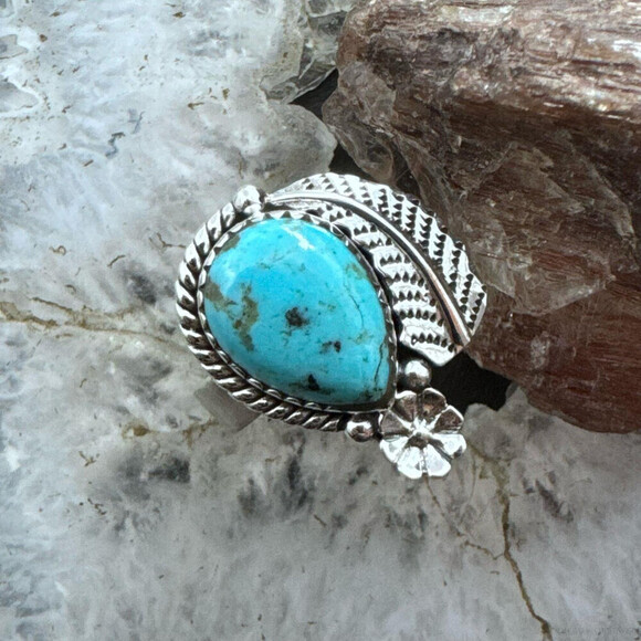 Sterling Silver Southwestern Style Teardrop Turquoise Decorated Adjustable Ring - Picture 2 of 11
